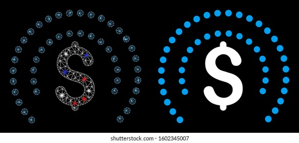 Glossy mesh financial sphere shield icon with sparkle effect. Abstract illuminated model of financial sphere shield. Shiny wire frame triangular mesh financial sphere shield icon.
