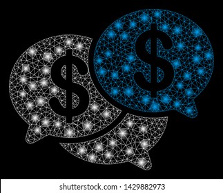Glossy mesh financial webinar with glare effect. Abstract illuminated model of financial webinar icon. Shiny wire frame polygonal mesh financial webinar. Vector abstraction on a black background.