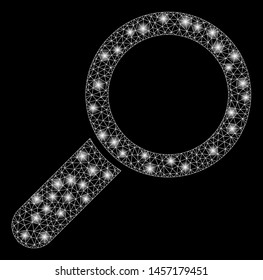 Glossy mesh find with glare effect. Abstract illuminated model of find icon. Shiny wire frame triangular mesh find. Vector abstraction on a black background.