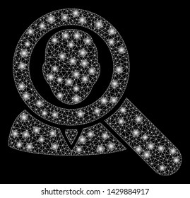 Glossy mesh find user with glitter effect. Abstract illuminated model of find user icon. Shiny wire carcass triangular mesh find user. Vector abstraction on a black background.