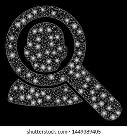 Glossy mesh find user with glitter effect. Abstract illuminated model of find user icon. Shiny wire frame polygonal mesh find user. Vector abstraction on a black background.