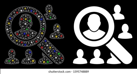 Glossy mesh find users icon with glow effect. Abstract illuminated model of find users. Shiny wire frame triangular mesh find users icon. Vector abstraction on a black background.