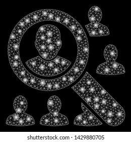 Glossy mesh find users with sparkle effect. Abstract illuminated model of find users icon. Shiny wire frame polygonal mesh find users. Vector abstraction on a black background.