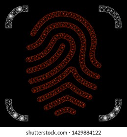 Glossy mesh fingerprint scan with glare effect. Abstract illuminated model of fingerprint scan icon. Shiny wire frame polygonal network fingerprint scan. Vector abstraction on a black background.