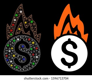 Glossy mesh fire damage icon with glow effect. Abstract illuminated model of fire damage. Shiny wire carcass triangular network fire damage icon. Vector abstraction on a black background.