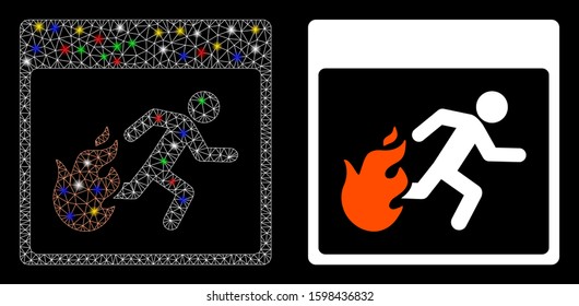 Glossy mesh fire evacuation man calendar page icon with sparkle effect. Abstract illuminated model of fire evacuation man calendar page.