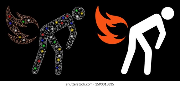 Glossy mesh fire farting icon with glare effect. Abstract illuminated model of fire farting. Shiny wire carcass triangular mesh fire farting icon. Vector abstraction on a black background.