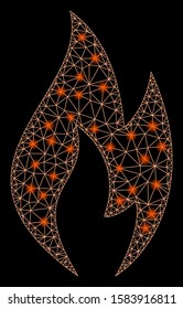 Glossy mesh fire flame with glitter effect. Abstract illuminated model of fire flame icon. Shiny wire carcass polygonal mesh fire flame. Vector abstraction on a black background.