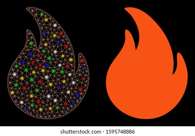 Glossy mesh fire icon with lightspot effect. Abstract illuminated model of fire. Shiny wire frame triangular mesh fire icon. Vector abstraction on a black background.
