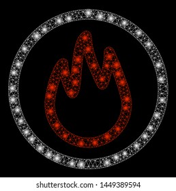 Glossy mesh fire with lightspot effect. Abstract illuminated model of fire icon. Shiny wire carcass triangular network fire. Vector abstraction on a black background.