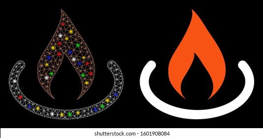 Glossy Mesh Fire Place Icon With Sparkle Effect. Abstract Illuminated Model Of Fire Place. Shiny Wire Frame Triangular Mesh Fire Place Icon. Vector Abstraction On A Black Background.