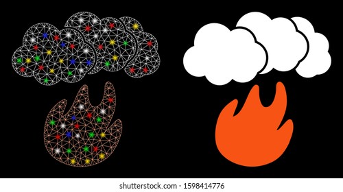 Glossy mesh fire with smoke icon with lightspot effect. Abstract illuminated model of fire with smoke. Shiny wire carcass triangular mesh fire with smoke icon.