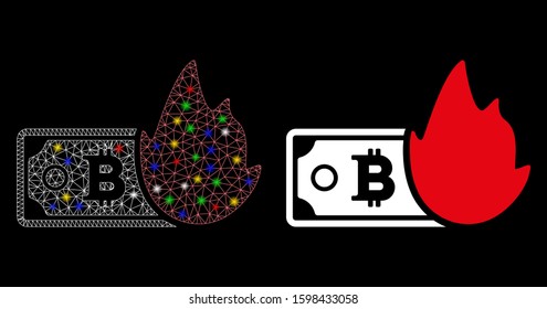 Glossy mesh fired bitcoin banknote icon with glare effect. Abstract illuminated model of fired bitcoin banknote. Shiny wire frame polygonal mesh fired bitcoin banknote icon.
