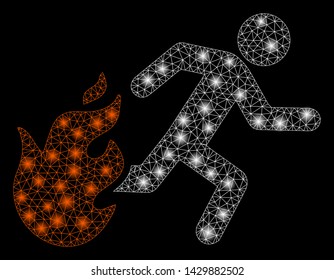 Glossy mesh fired running man with glare effect. Abstract illuminated model of fired running man icon. Shiny wire frame triangular mesh fired running man. Vector abstraction on a black background.