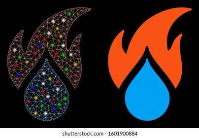 Glossy mesh fired water drop icon with sparkle effect. Abstract illuminated model of fired water drop. Shiny wire carcass triangular mesh fired water drop icon.