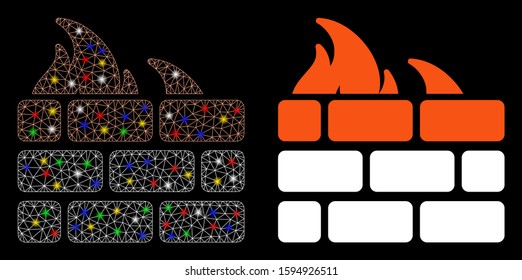 Glossy mesh firewall icon with lightspot effect. Abstract illuminated model of firewall. Shiny wire carcass triangular mesh firewall icon. Vector abstraction on a black background.