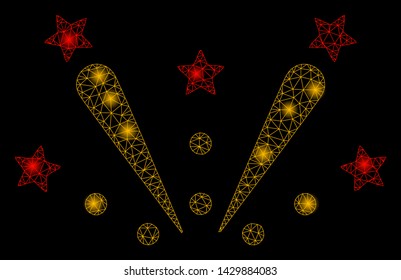 Glossy mesh fireworks explosion with glare effect. Abstract illuminated model of fireworks explosion icon. Shiny wire carcass polygonal mesh fireworks explosion.