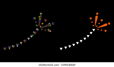 Glossy mesh fireworks trace icon with glare effect. Abstract illuminated model of fireworks trace. Shiny wire carcass triangular mesh fireworks trace icon. Vector abstraction on a black background.