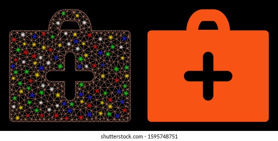 Glossy mesh first aid icon with glitter effect. Abstract illuminated model of first aid. Shiny wire carcass triangular mesh first aid icon. Vector abstraction on a black background.