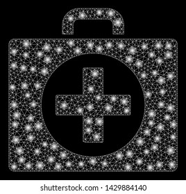 Glossy mesh first aid with sparkle effect. Abstract illuminated model of first aid icon. Shiny wire carcass triangular mesh first aid. Vector abstraction on a black background.
