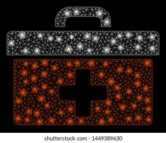 Glossy mesh first aid toolbox with glare effect. Abstract illuminated model of first aid toolbox icon. Shiny wire carcass polygonal mesh first aid toolbox. Vector abstraction on a black background.