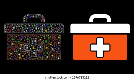 Glossy mesh first aid toolbox icon with sparkle effect. Abstract illuminated model of first aid toolbox. Shiny wire frame triangular mesh first aid toolbox icon.