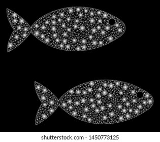 Glossy mesh fish pair with glow effect. Abstract illuminated model of fish pair icon. Shiny wire carcass triangular mesh fish pair. Vector abstraction on a black background.