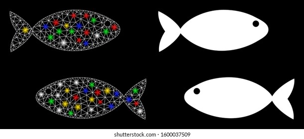 Glossy mesh fish pair icon with glare effect. Abstract illuminated model of fish pair. Shiny wire carcass polygonal mesh fish pair icon. Vector abstraction on a black background.