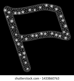 Glossy mesh flag with glare effect. Abstract illuminated model of flag icon. Shiny wire carcass polygonal mesh flag. Vector abstraction on a black background.