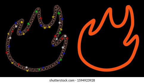 Glossy mesh flame contour icon with glare effect. Abstract illuminated model of flame contour. Shiny wire carcass polygonal network flame contour icon. Vector abstraction on a black background.