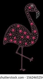 Glossy mesh flamingo with sparkle effect. Abstract illuminated model of flamingo icon. Shiny wire carcass triangular network flamingo. Vector abstraction on a black background.