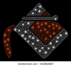 Glossy mesh flood fill with glow effect. Abstract illuminated model of flood fill icon. Shiny wire frame triangular mesh flood fill. Vector abstraction on a black background.