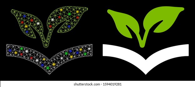 Glossy mesh flora knowledge icon with sparkle effect. Abstract illuminated model of flora knowledge. Shiny wire frame polygonal network flora knowledge icon. Vector abstraction on a black background.