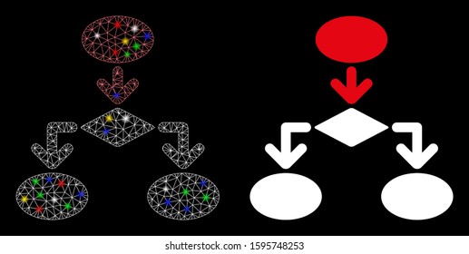 Glossy mesh flowchart icon with glitter effect. Abstract illuminated model of flowchart. Shiny wire carcass triangular mesh flowchart icon. Vector abstraction on a black background.