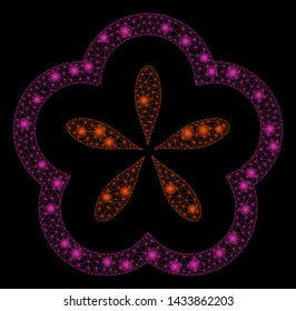Glossy mesh flower with glare effect. Abstract illuminated model of flower icon. Shiny wire frame polygonal mesh flower. Vector abstraction on a black background.