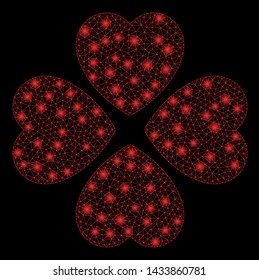 Glossy mesh flower with glitter effect. Abstract illuminated model of flower icon. Shiny wire frame polygonal mesh flower. Vector abstraction on a black background.