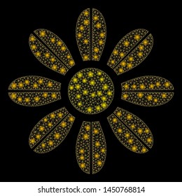 Glossy mesh flower with glitter effect. Abstract illuminated model of flower icon. Shiny wire frame polygonal mesh flower. Vector abstraction on a black background.