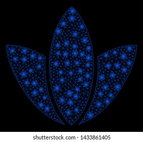 Glossy mesh flower with glow effect. Abstract illuminated model of flower icon. Shiny wire frame triangular mesh flower. Vector abstraction on a black background.