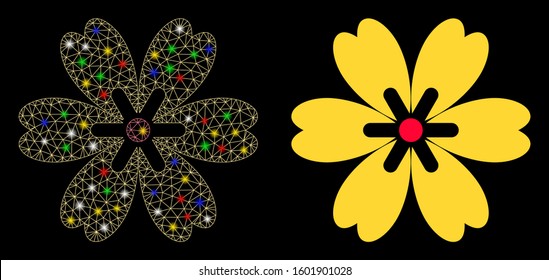 Glossy mesh flower icon with glitter effect. Abstract illuminated model of flower. Shiny wire carcass triangular mesh flower icon. Vector abstraction on a black background.