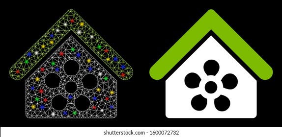 Glossy mesh flower orangery icon with sparkle effect. Abstract illuminated model of flower orangery. Shiny wire frame polygonal network flower orangery icon. Vector abstraction on a black background.