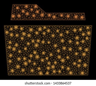 Glossy mesh folder with glitter effect. Abstract illuminated model of folder icon. Shiny wire carcass triangular mesh folder. Vector abstraction on a black background.