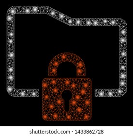 Glossy mesh folder locked with lightspot effect. Abstract illuminated model of folder locked icon. Shiny wire frame polygonal mesh folder locked. Vector abstraction on a black background.
