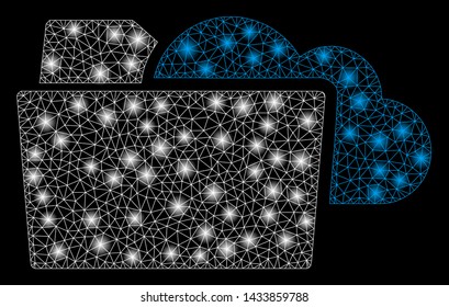 Glossy mesh folder with sparkle effect. Abstract illuminated model of folder icon. Shiny wire carcass polygonal mesh folder. Vector abstraction on a black background.