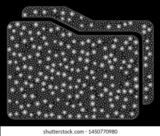 Glossy mesh folders with sparkle effect. Abstract illuminated model of folders icon. Shiny wire frame triangular mesh folders. Vector abstraction on a black background.