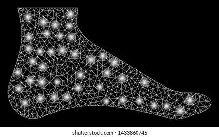 Glossy mesh foot with glow effect. Abstract illuminated model of foot icon. Shiny wire carcass polygonal mesh foot. Vector abstraction on a black background.