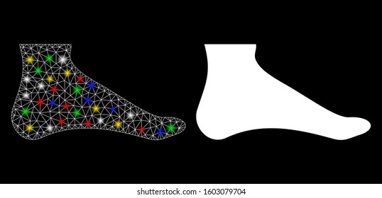 Glossy mesh foot icon with sparkle effect. Abstract illuminated model of foot. Shiny wire carcass polygonal mesh foot icon. Vector abstraction on a black background.