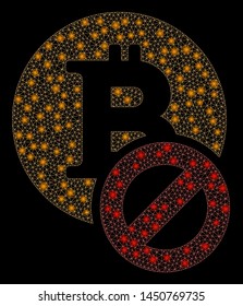 Glossy mesh forbidden Bitcoin with glare effect. Abstract illuminated model of forbidden Bitcoin icon. Shiny wire frame polygonal network forbidden Bitcoin. Vector abstraction on a black background.