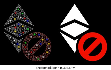 Glossy mesh forbidden Ethereum classic icon with glow effect. Abstract illuminated model of forbidden Ethereum classic. Shiny wire frame triangular mesh forbidden Ethereum classic icon.