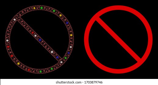Glossy mesh forbidden with glare effect. Abstract illuminated model of forbidden icon. White wire carcass polygonal mesh forbidden and base icon. Vector abstraction on a black background.