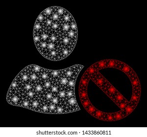 Glossy mesh forbidden with lightspot effect. Abstract illuminated model of forbidden icon. Shiny wire frame polygonal mesh forbidden. Vector abstraction on a black background.